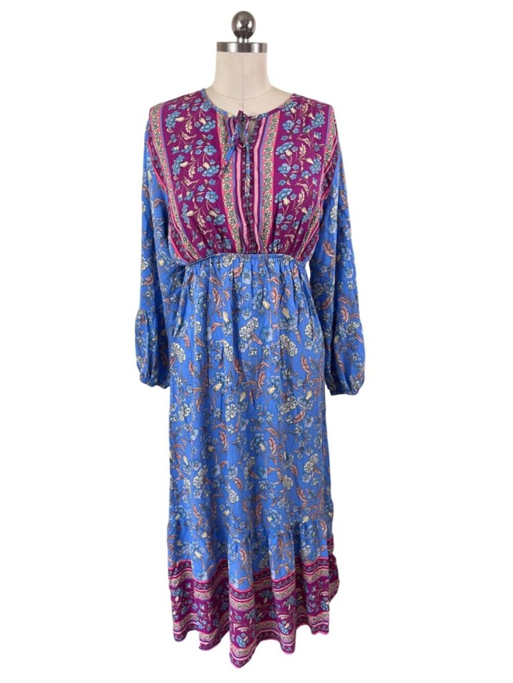 Seven Islands Peasant Maxi Boho-Chic 70s Inspired Dress Womens L Long Sleeve
